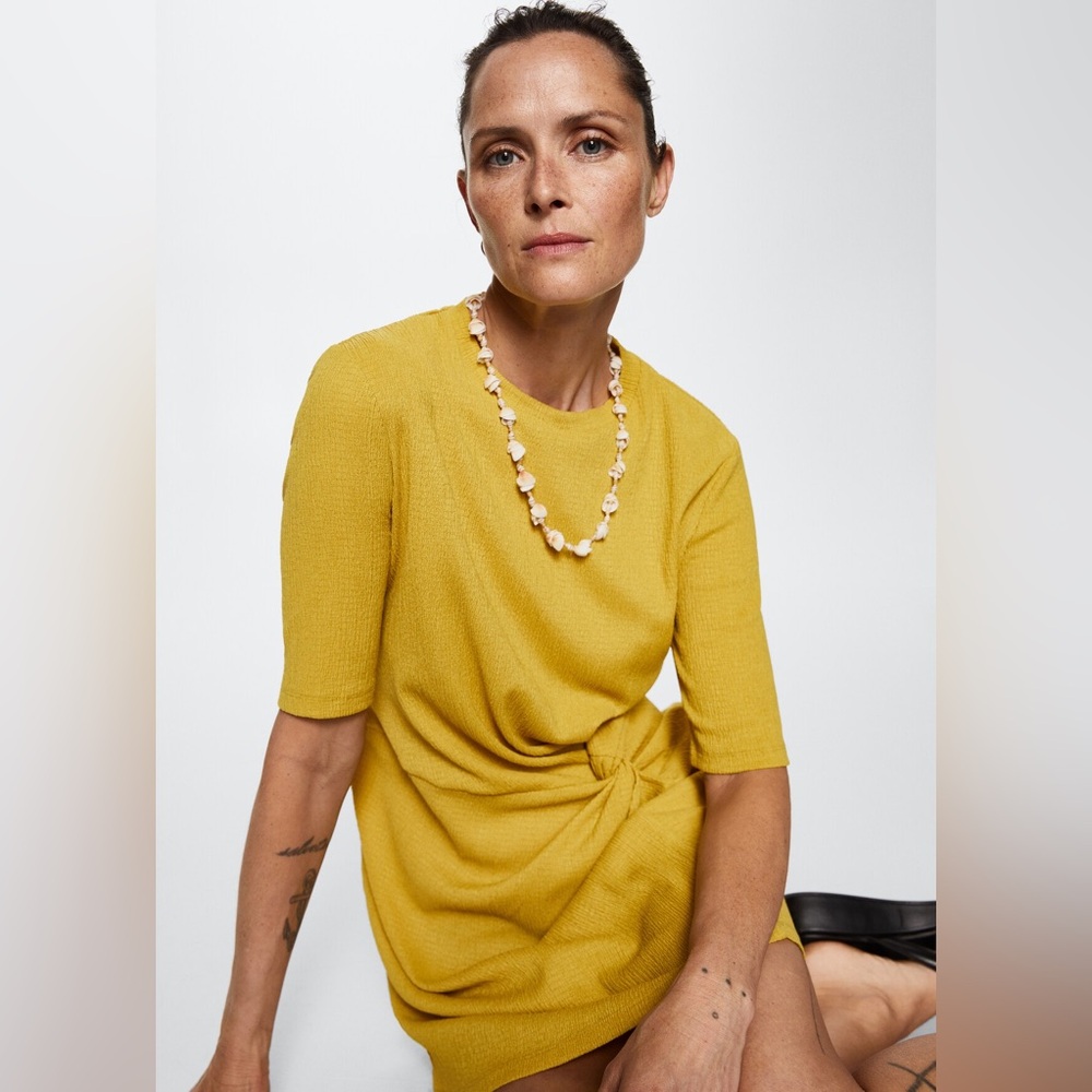 MNG Mango Ruched Detail Short Sleeve T-shirt Dress Chartreuse - Picture 6 of 9
